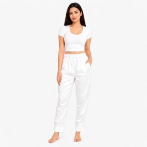Naazli Women's White Cigarette Pants | Premium Glace Cotton | Fully Elastic Waist | Double Deep Pockets | Breathable & Comfortable