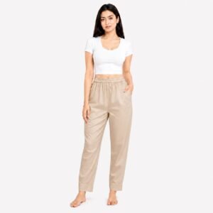 Naazli Women's Premium Beige Glace Cotton Cigarette Pant | Full Elastic Waist | Double Deep Pockets | Breathable Straight Fit Trouser