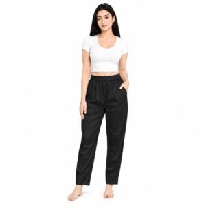 Naazli Women's Black Glace Cotton Cigarette Pant with Full Elastic Waist and Double Deep Pockets